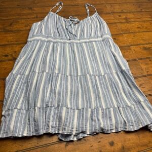 Angie Blue White Striped Tiered top Plus Size 3X Boho Lace Up Rayon